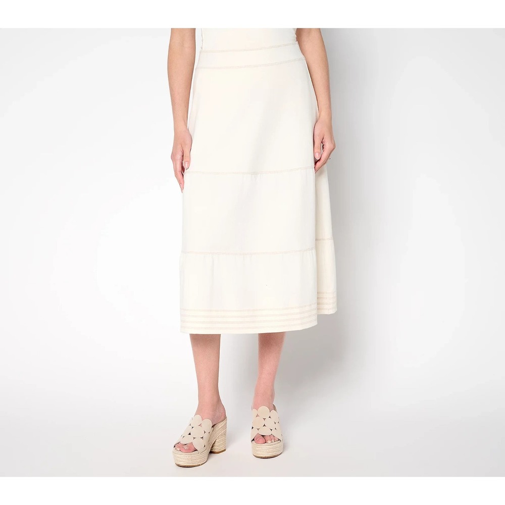 Susan Graver Cool Touch‎ Denim Petite Pull-On Tiered Midi Skirt,Petite 1X